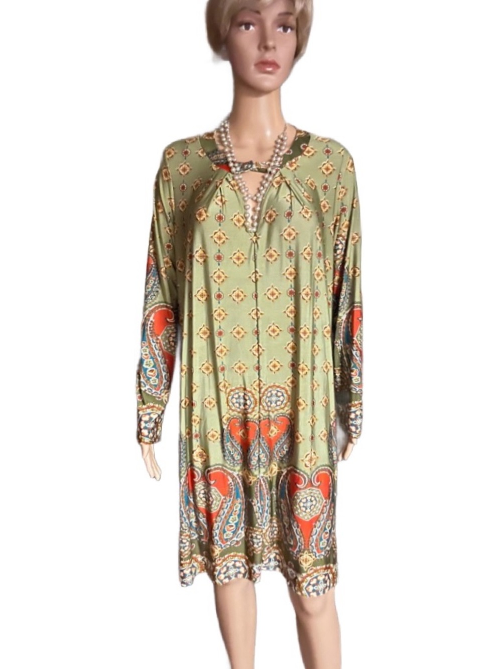 Now & Forever ~ Medium ~ Green W/ Multi-Colors Geometric Design ~ Dress